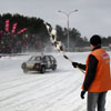 The finish of a lap at the third stage of the Belarusian winter car race Hot Ice. [Press for large view]